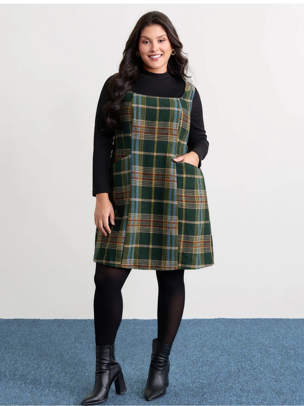 Plus Plaid Green A-Line Pinafore Dress